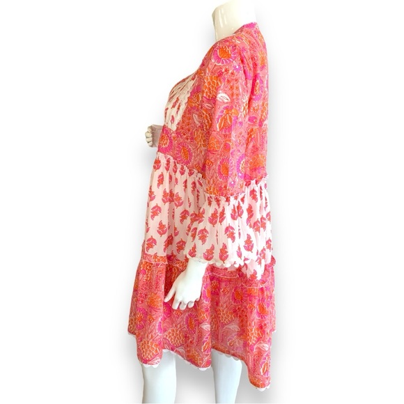 MEHER’S PINK/WHITE BOHO COTTON FLORAL RUFFLE DRESS. WOMEN SZ LARGE. NEW WITH TAG - Picture 5 of 10